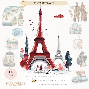 Vintage Reise PNG Clipart Retro Abenteuer druckbare Aquarell Paris Grafik Reiseelemente Digital Download Papier Handwerk Karte Junk Journal