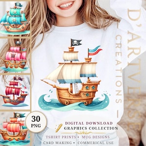 Puede incluir: Sudadera blanca con un diseño de barco pirata de dibujos animados, con una bandera de calavera y huesos cruzados, navegando sobre olas azules. La imagen incluye gráficos de barcos piratas y el texto "DIGITAL DOWNLOAD GRAPHICS COLLECTION".