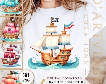 Watercolor Pirate Ships Clipart Bundle Digital Pirate Ship Graphics Nautical Theme PNG Pirate Boat Illustrations Kids Party Decorations POD
