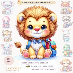 Clipart de animales escolares en acuarela Gráficos de animales lindos Regreso a la escuela PNG Clipart de animales para guardería PNG Clipart de guardería Escuela imprimible