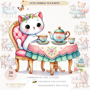 Cute Animal Tea Party Clipart Bundle Watercolor Tea Set PNG Woodland Bunny Cat Dog Giraffe Squirrel Nursery Art Digital Download Printable