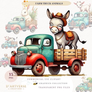 Farm Animal Clipart Bundle Vintage Truck Graphic Rustic Animal Illustrations Cute Farm Nursery Kid Printable Watercolor PNG Digital Download