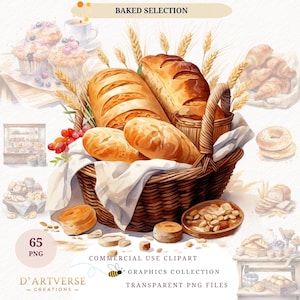 Clipart di panetteria ad acquerello Pane Croissant Baguette francese Png Cibo per la colazione Pasticceria Dolci Clipart Cestino di pane al forno Cibo Illustrazione Png