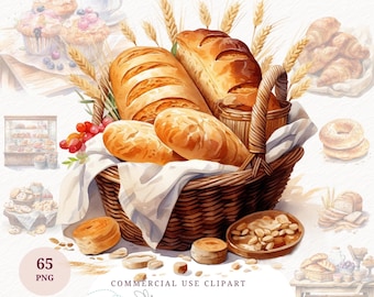 Watercolor Bakery Clipart Bread Croissant French Baguette Png Breakfast Food Pastry Sweets Clipart Baked Bread Basket Food Illustration Png