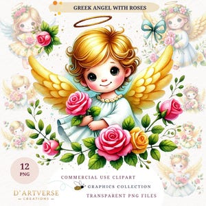 Op de afbeelding: Een digitale illustratie van een schattige engel met blond haar en gouden vleugels die een boeket roze en gele rozen vasthoudt. De engel draagt een witte jurk en een halo. De achtergrond is een witte achtergrond met groene bladeren en bloemen.