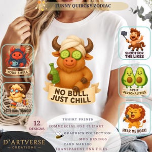 Ensemble de cliparts zodiaque drôle personnages horoscope sarcastique PNG sublimation dessins pour chemises tasse autocollants cartes enfants impression téléchargement numérique