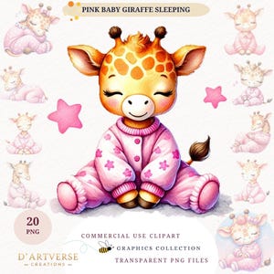 Sleep Baby Giraffe Clipart Watercolor Cute Animal PNG Baby Shower Nursery Art Baby Girl Pink Graphic Printable Digital Download Shirt Design