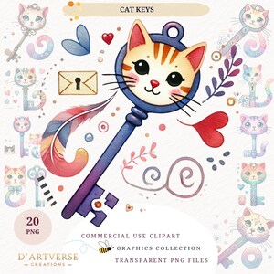 Könnte beinhalten: Ein Set mit 20 digitalen Clipart-Bildern mit Aquarell-Illustrationen von Katzen mit Schlüsseln. Das Hauptbild zeigt das Gesicht einer Katze in einem Schlüsselloch mit einem lila und blauen Schlüssel. Der Text "CAT KEYS" befindet sich oben im Bild.