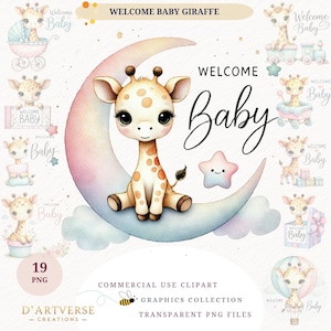 Aquarel babygiraf clipartbundel schattig safari dier png kwekerij decor babyshower digitale download shirtontwerp papier ambachtelijke mok wordt afgedrukt