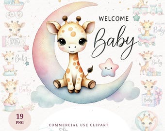 Acquerello Baby Giraffa Clipart Bundle Carino Safari Animale PNG Nursery Decor Baby Shower Download digitale Design maglietta Carta artigianale Tazza Stampe