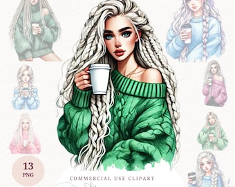 Cozy Girl Clipart Watercolor Fashion Coffee Lover PNG Winter Aesthetic Cute Girl in Sweater Digital Download Shirt Prints Design Mug Craft