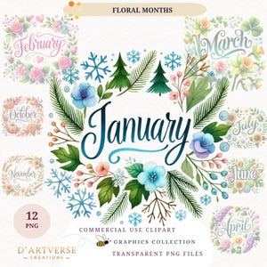 Clipart floral mensuel aquarelle couronnes de fleurs de saison PNG calendrier imprimable Scrapbooking artistique fabrication de cartes mois de naissance Mug Design chemise pour enfants