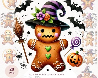 Halloween-Lebkuchen Mann Clipart-Set Aquarell Spooky Cookie PNG Niedliche Hexe Digital Download druckbare Karte machen Shirt Design Becher Drucke