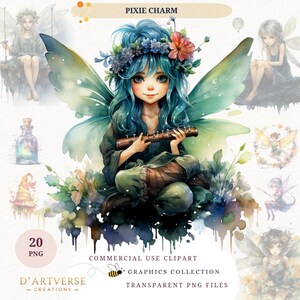 Puede incluir: Una ilustración digital de un hada con cabello azul y alas verdes tocando una flauta. El hada lleva una corona de flores y está sentada en una roca rodeada de flores. La imagen es parte de un conjunto de 20 archivos PNG transparentes para uso comercial.