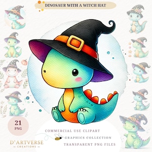 Watercolor Halloween Dinosaur Clipart Set Cute Baby Dino with Witch Hat PNG Fantasy Digital Download Printable Shirt Design Mug Prints Card