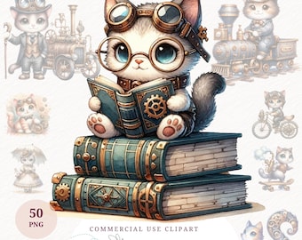 Steampunk Cat Clipart Bundle Victorian Kitten PNG Vintage Animal Art Digital Download Printable Scrapbook Paper Craft Shirt Design Kids Mug