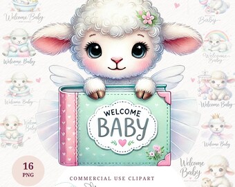 Baby Lamb Clipart Bundle Watercolor Pastel Sheep PNG Cute Farm Animal Sublimation Nursery Art Baby Shower Printable Shirt Design Card Making