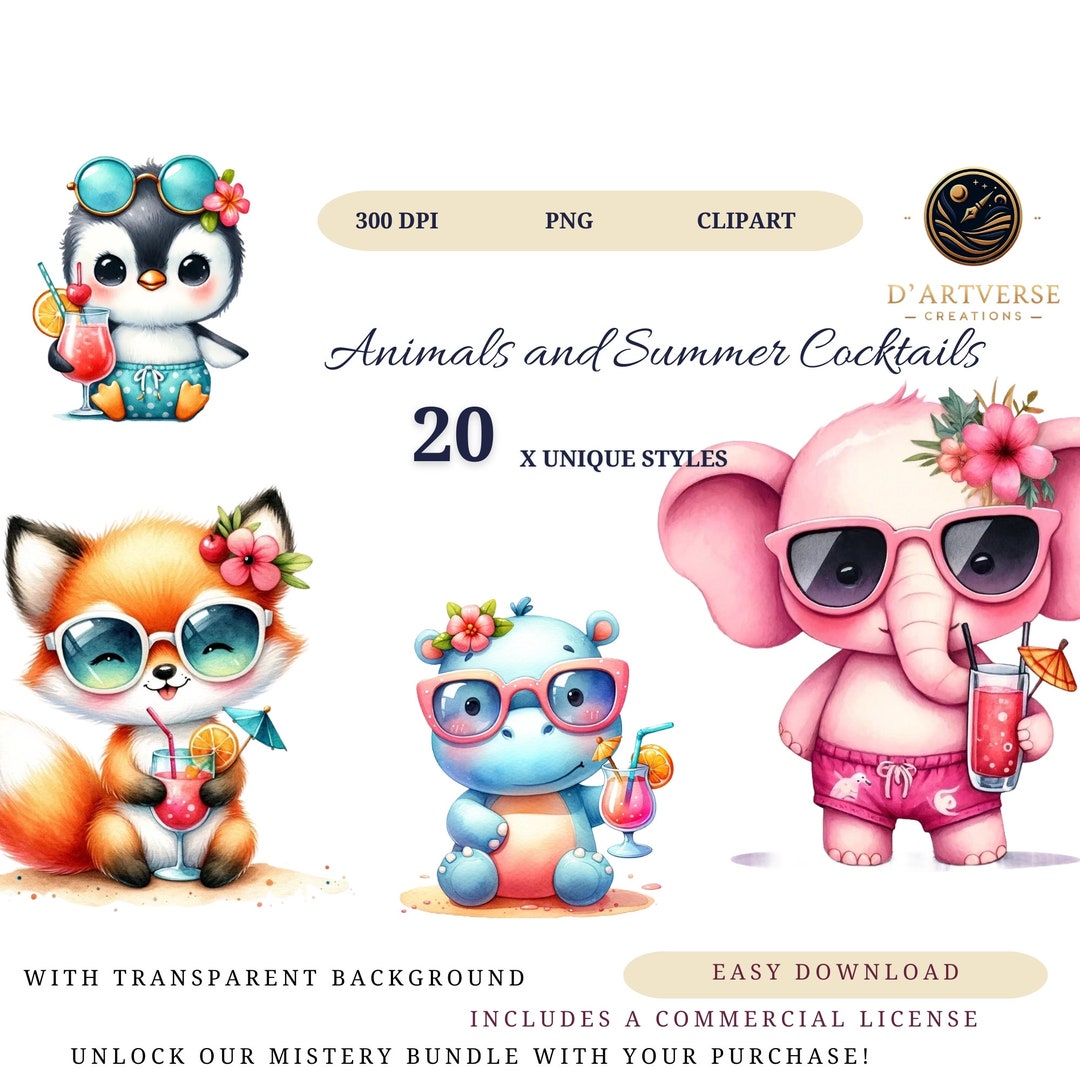 Watercolor Summer Animals Clipart Cute Cocktail Animals PNG Tropical