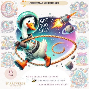 Paquete de imágenes prediseñadas de pato espacial divertido, astronauta, ganso PNG, lindo extraterrestre, descarga digital, diseño de camiseta, impresiones de tazas, citas divertidas, uso comercial