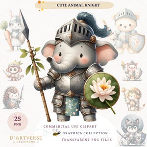Cute Animal Knight Clipart Bundle Watercolor Medieval Fantasy Kingdom PNG Digital Download Printable Nursery Decor Paper Craft Shirt Design