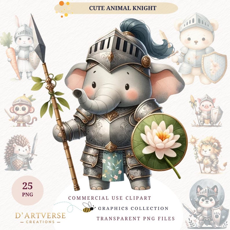 Cute Animal Knight Clipart Bundle Watercolor Medieval Fantasy Kingdom ...
