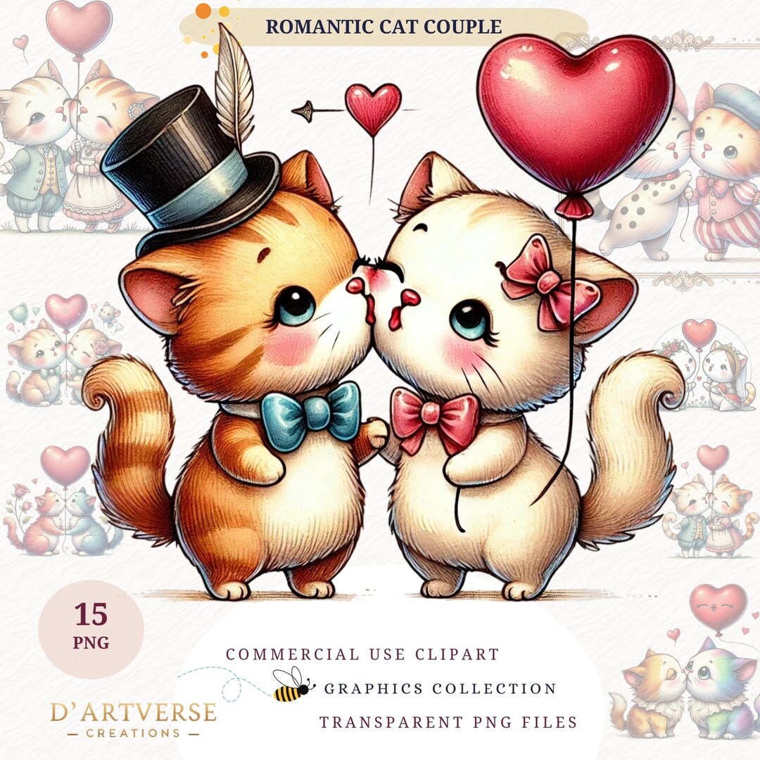 Watercolor Romantic Cat Couple Clipart Valentine's Day Kitten PNG Love ...