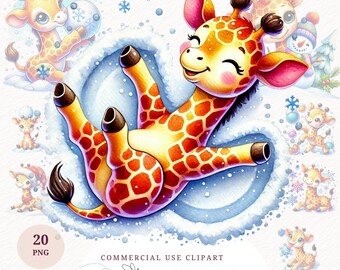 Watercolor Giraffe Winter Clipart Cute Animal Snow PNG Digital Download Baby Giraffe Nursery Art Christmas Clipart Animal Graphics Winter