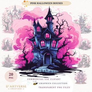 Różowy pakiet Halloween Clipart Nawiedzony dom PNG Straszna grafika dworu Uroczy horror Sztuka Wydrukuj Akwarela Cyfrowe pobieranie Papierowe rzemiosło