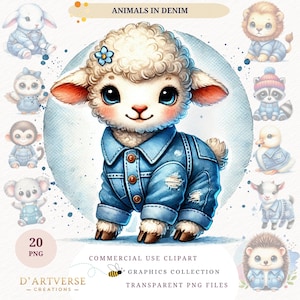 Watercolor Baby Animal Clipart Cute Animals in Denim PNG Nursery Decor Kawaii Kids Digital Download Printable Paper Craft Shirt Design Mug