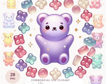 Gummy Bear Clipart Bundle Watercolor Kawaii Teddy PNG Colorful Glitter Bears Printable Sticker Art Digital Download Kids Design Shirt Prints