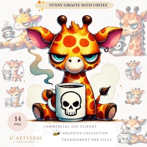 Funny Coffee Giraffe Clipart Bundle Cute Animal Digital Download Printable Watercolor PNG Paper Craft Mug Design Fun Shirt Commercial Use