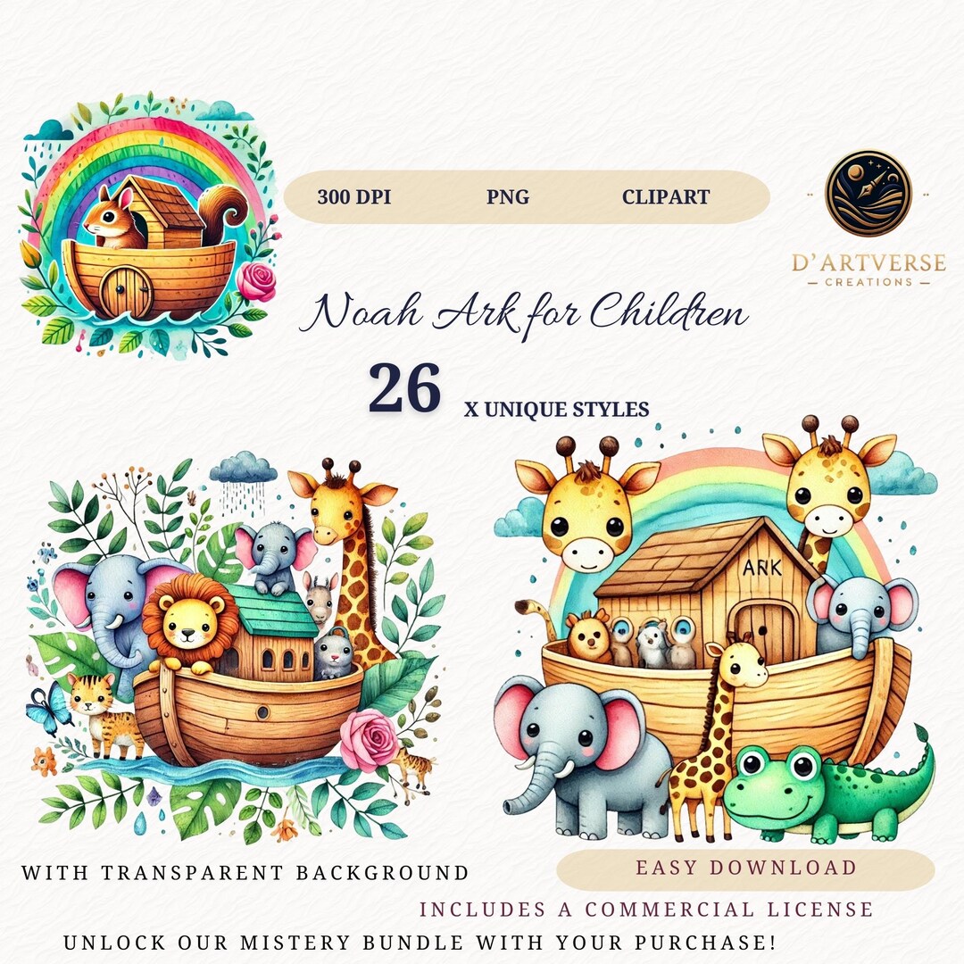 Watercolor Noah's Ark Clipart Cute Animal Boat Clipart Rainbow Ark PNG ...