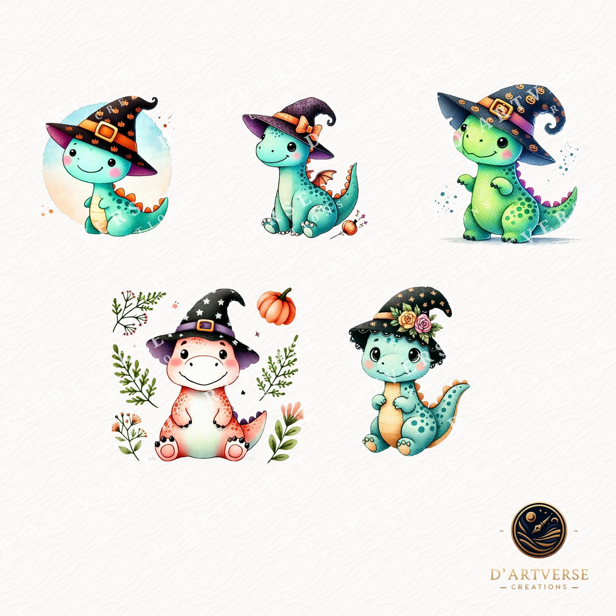 Watercolor Halloween Dinosaur Clipart Set Cute Baby Dino With Witch Hat ...