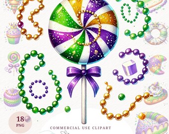 Watercolor Mardi Gras Bakery Clipart Bundle King Cake PNG Festive Desserts Digital Download Printable Party Carnaval Card Shirt Print Design