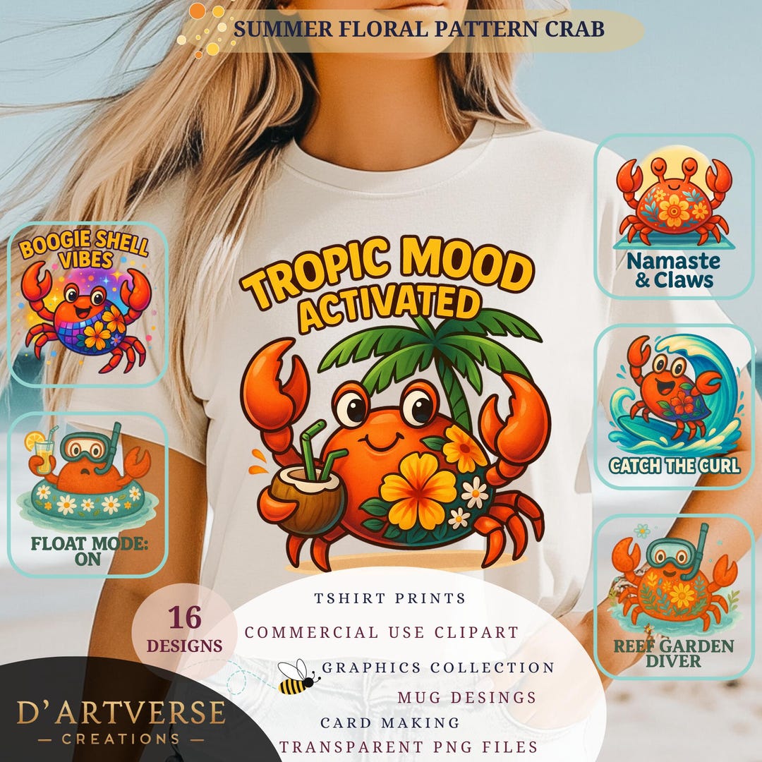 Cute Beach Crab Clipart Set Summer Floral Digital Download PNG Beach ...