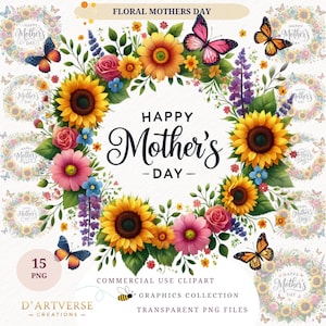 Bundle de cliparts floraux pour la fête des mères, couronne de tournesols PNG, cadre papillon, aquarelle de fleurs, téléchargement numérique, fabrication de cartes, impression de conception de chemise