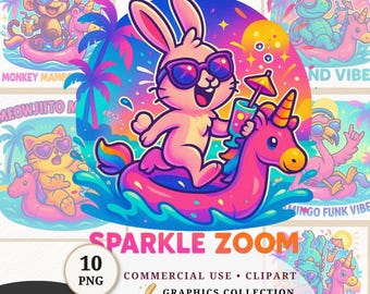 Pool Party Animals Clipart Neon Summer Funny Quotes Cartoon PNG Sublimation Design T Shirt Mugs Printable Digital Download Commercial Use