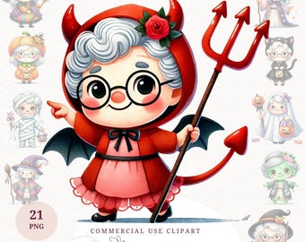 Halloween Old Lady Clipart Funny Graphic Pumpkin Grandma PNG Women Watercolor Printable Shirt Design Mug Prints Paper Craft Digital Download