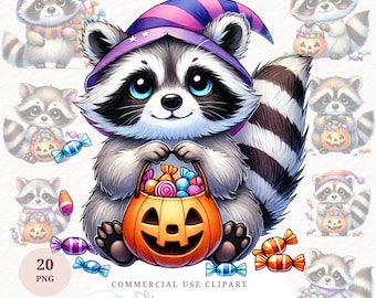 Watercolor Halloween Raccoon Clipart Bundle Cute Fall Animal PNG Digital Download Printable Card Making Paper Craft Shirt Design Mug Prints