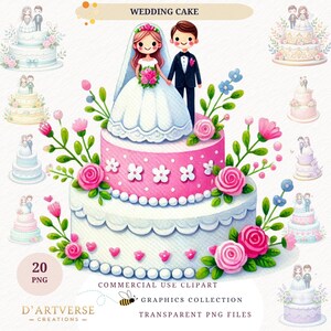 Zestaw akwareli na tort weselny Clipart Floral Bride and Groom PNG Digital Download Printable Invitation Topper Card Making Love Paper Craft