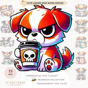 Grumpy Coffee Dog Clipart Bundle Cute Angry Animals Clipart Cartoon Pet Print Watercolor PNG Digital Download Paper Craft Mug Design Shirt