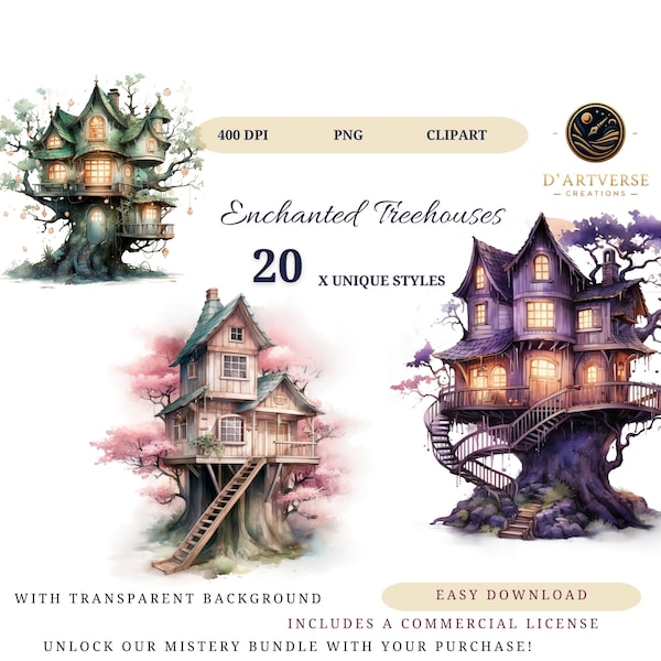 Treehouse Clipart Enchanted Forest Clipart Watercolor House Tree Png Digital POD Design Cute Storybook Fantasy Forest Art Kids Decor Print