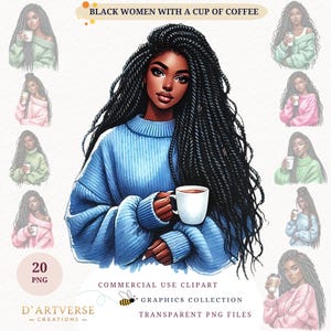 Imágenes prediseñadas de chica negra bohemia amante del café, imágenes prediseñadas de mujer negra con bebidas de café, buenos días, chica con café, belleza, mujer afro negra, diseño de camisetas, impresiones