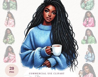Boho Black Girl Coffee Lover Clipart Black Woman Coffee Drinks Clipart Good Morning Coffee Girl Beauty Black Afro Lady Shirt Design Prints