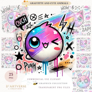 グラフィティ 動物 クリップアート バンドル 水彩 アーバン アート PNG デジタル ステッカー 子供用 印刷可能 学校 デジタル ダウンロード PNG ペーパー クラフト ジャンク ジャーナル