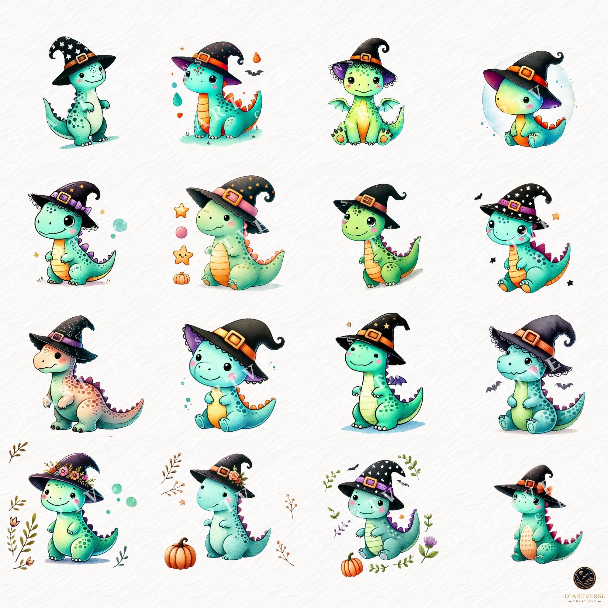 Watercolor Halloween Dinosaur Clipart Set Cute Baby Dino With Witch Hat ...