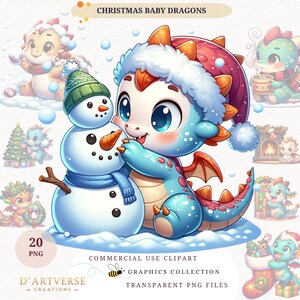Clipart de dragón navideño Lindo clipart navideño Paquete de ilustraciones digitales festivas para fiestas Lindos gráficos de dragón Impresión artística de bebé navideño Bebé dragón