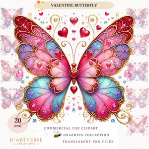 Valentine Heart Butterfly Clipart Watercolor Romantic Graphic Transparent PNG Fantasy Digital Download Art Scrapbook Love Card Themed Design