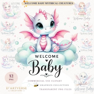 Mythical Baby Creatures Clipart Bundle Watercolor Dragon Unicorn Fairy PNG Cute Fantasy Animals Digital Download Shirt Design Mug Prints