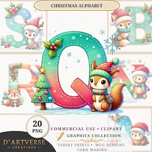 Christmas Alphabet Clipart Bundle Cute Holiday Animal Letters PNG Festive Printable Watercolor Clipart Digital Download Card Craft Tshirt